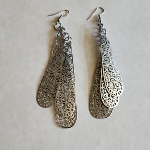 Silver Tone Filigree Dangle Earrings 3" L x 3/4" W Boho Cottage Core Artsy